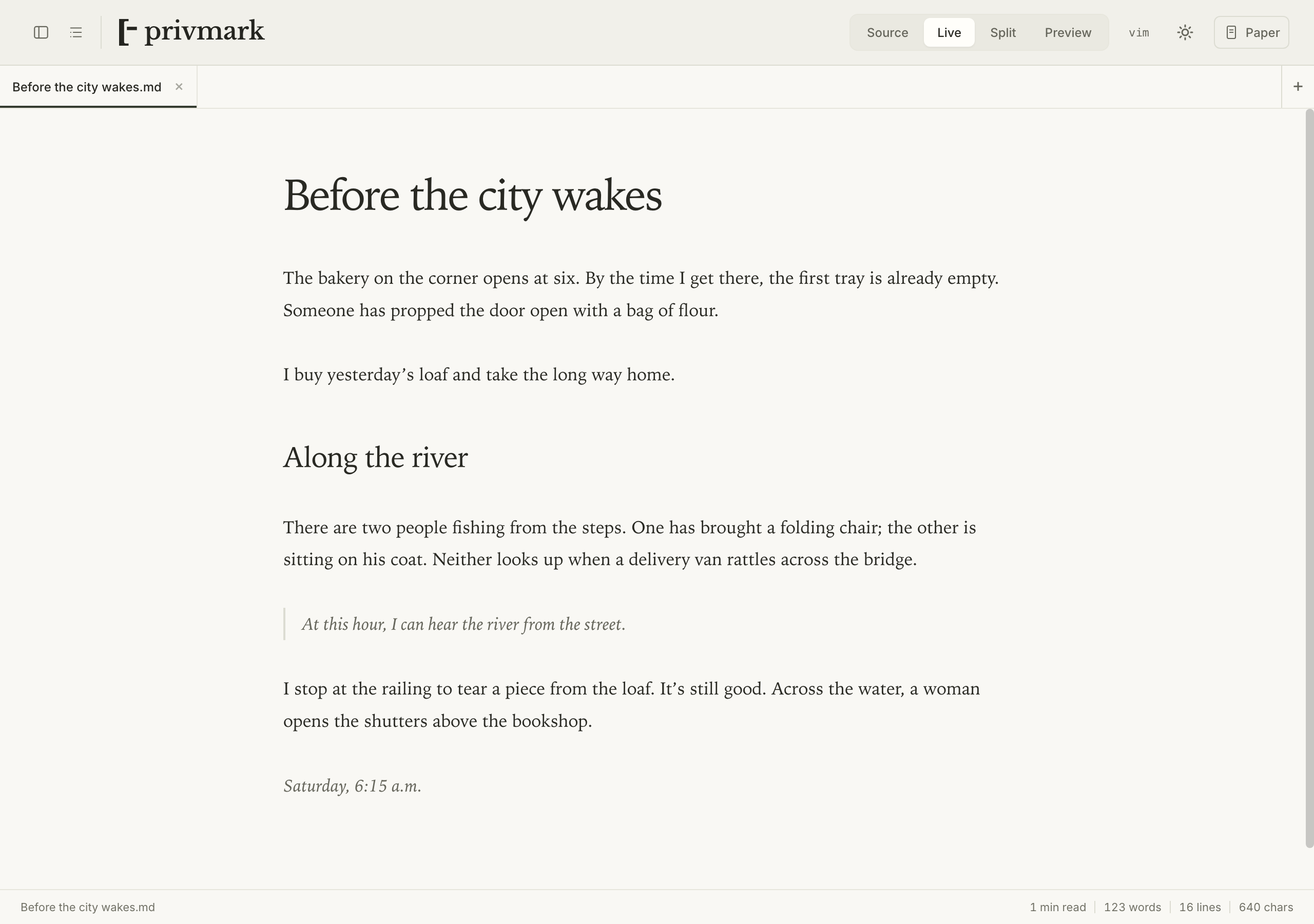 PrivMark on macOS in light mode, editing Before the city wakes in Live view.