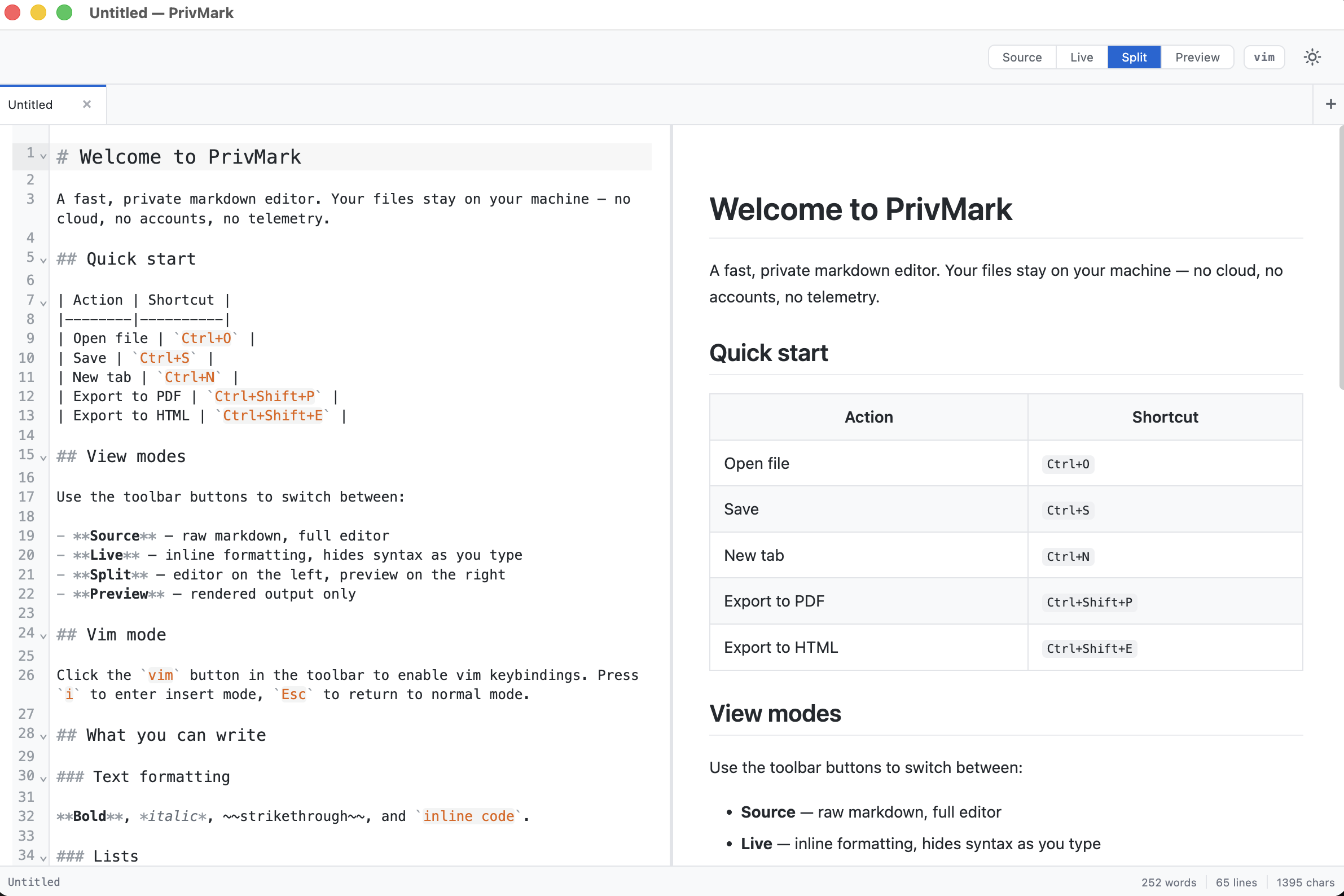 PrivMark editor on macOS showing split-pane view with markdown and live preview